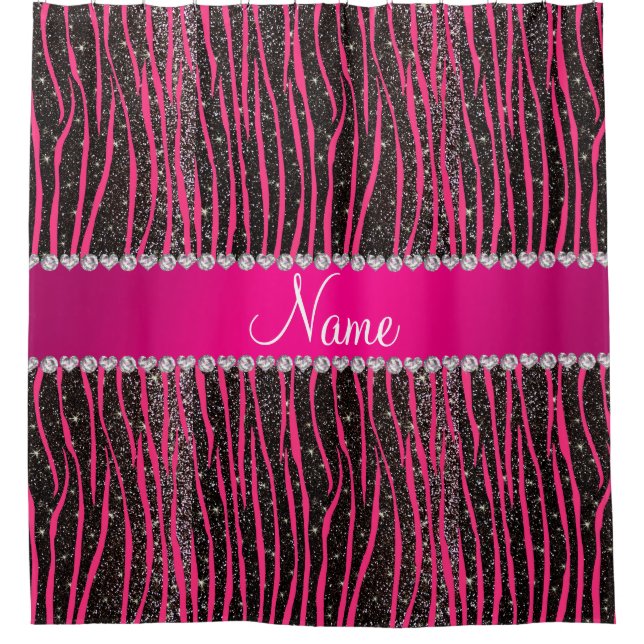 Hot pink zebra stripes black glitter pink stripe shower curtain (Front)