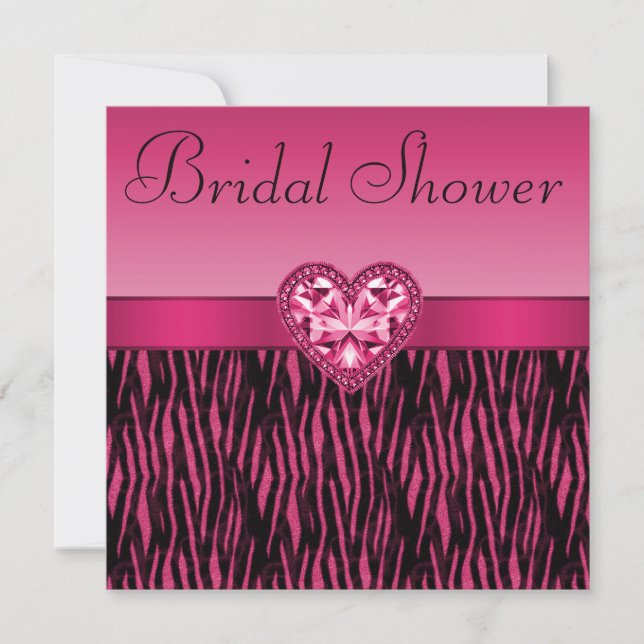 Hot Pink Zebra Stripes & Bling Heart Bridal Shower Invitation (Front)