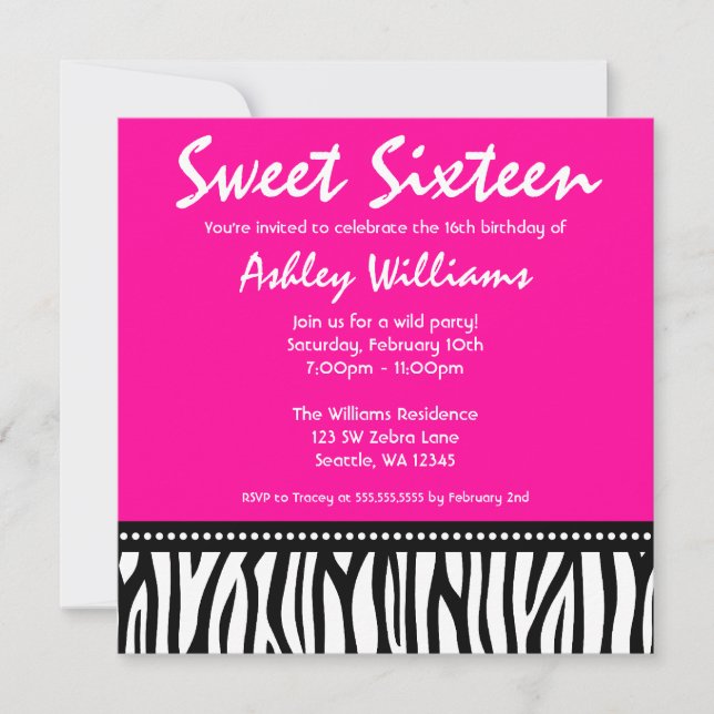 Hot Pink Zebra Sweet 16 Invitation (Front)