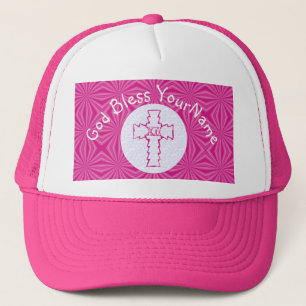 Hot Pink Zig Zag Christian Cross White Bright Pink Trucker Hat