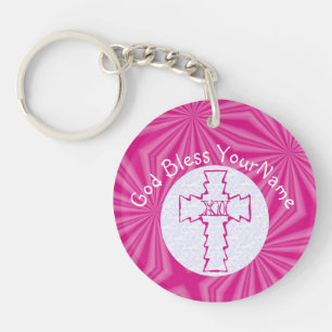 Hot Pink Zig Zag Cross White and Bright Pink Key Ring