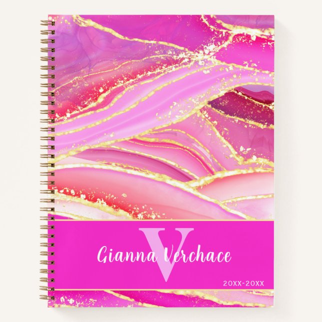 Hot Pinks Purples Reds and Golden Geode Agate Notebook (Front)