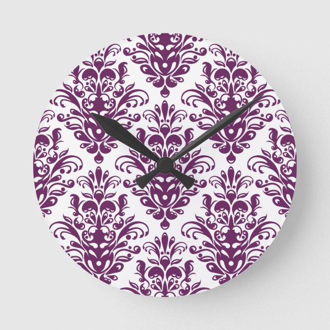 Hot Purple and White Elegant Damask Pattern Round Clock (Front)