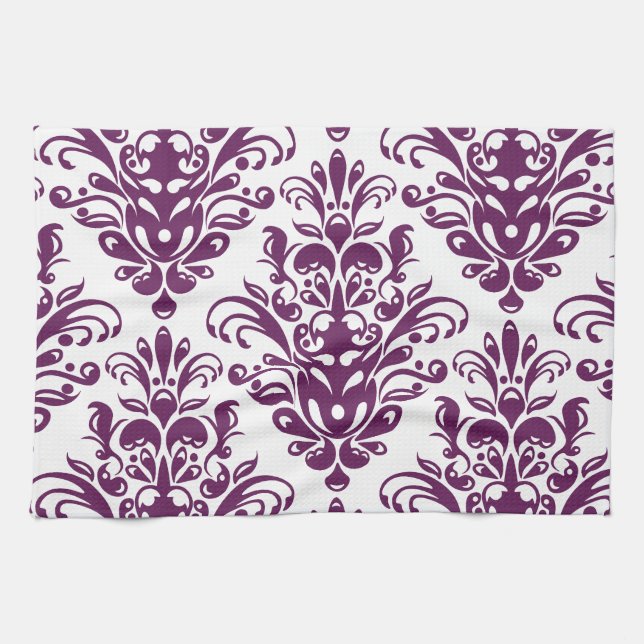 Hot Purple and White Elegant Damask Pattern Tea Towel (Horizontal)