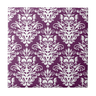 Hot Purple and White Elegant Damask Pattern Tile