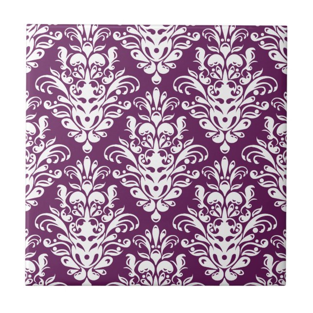 Hot Purple and White Elegant Damask Pattern Tile (Front)