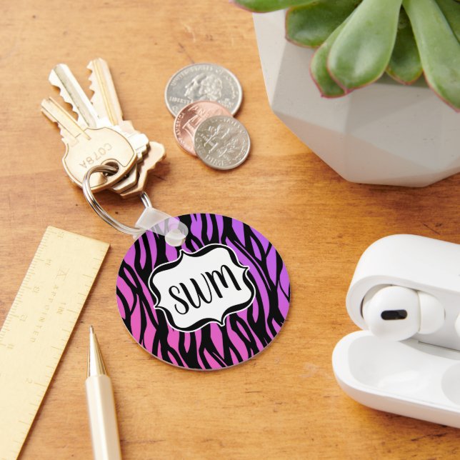 Hot Purple/Pink Zebra Stripes Monogram Key Ring (Desk)