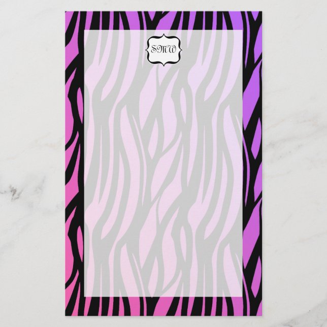 Hot Purple/Pink Zebra Stripes Monogram Stationery (Front)