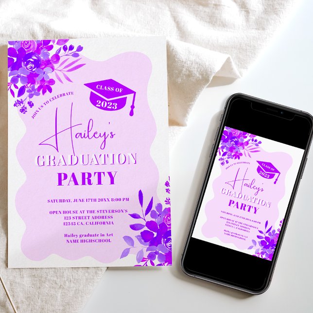 Hot purple wavy frame boho floral graduation invitation (Creator Uploaded)