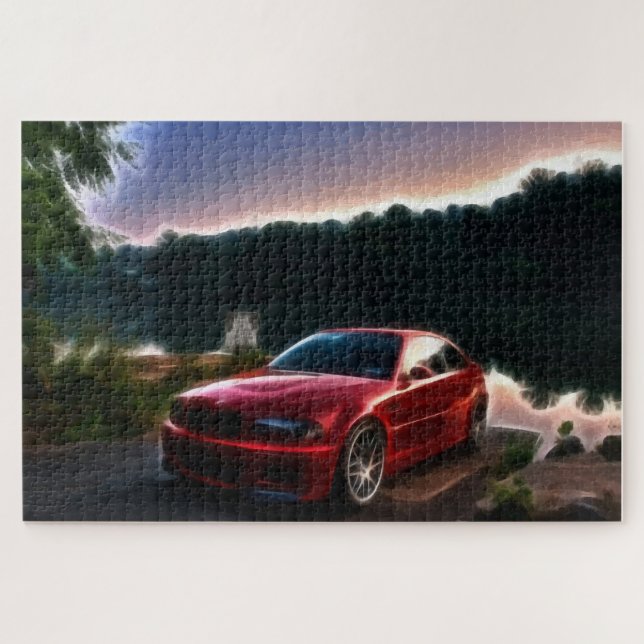 Hot red car at the lake jigsaw puzzle (Horizontal)