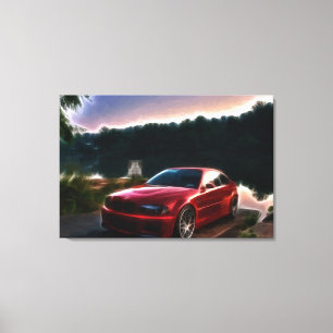 Hot Red Car Oil Painting Print Wrapped