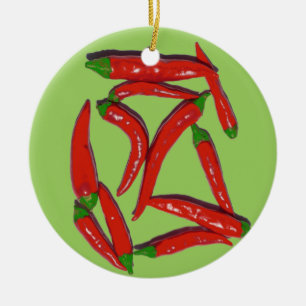 Hot Red Chilli Peppers Pattern Ceramic Tree Decoration