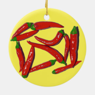 Hot Red Chilli Peppers Pattern Ceramic Tree Decoration