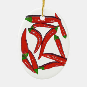 Hot Red Chilli Peppers Pattern Ceramic Tree Decoration