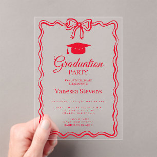 Hot Red Hand-drawn Curve wavy Graduation Acrylic Invitations