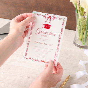Hot Red Hand-drawn Curve wavy Graduation Vellum Invitations