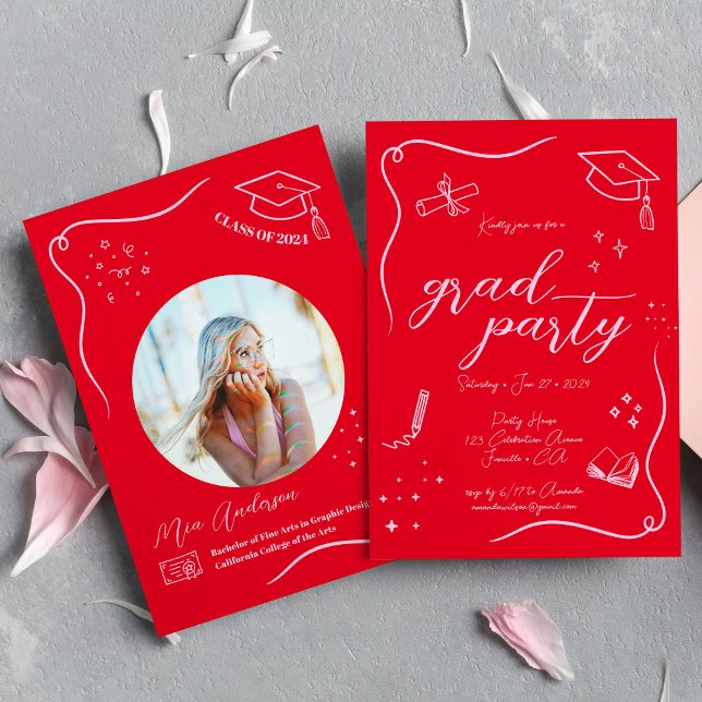 Hot Red Pink Hand-drawn Scrible Graduation Invitation (Creator Uploaded)