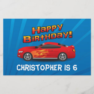 Hot Red Race Car with Flames Boy's Birthday Party Flyer