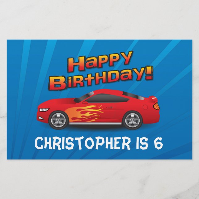 Hot Red Race Car with Flames Boy's Birthday Party Flyer (Front)