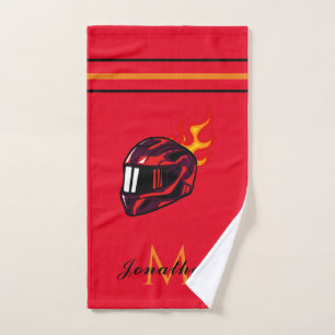 Hot Red Racing Helmet Modern Graphics Boys Name  Hand Towel