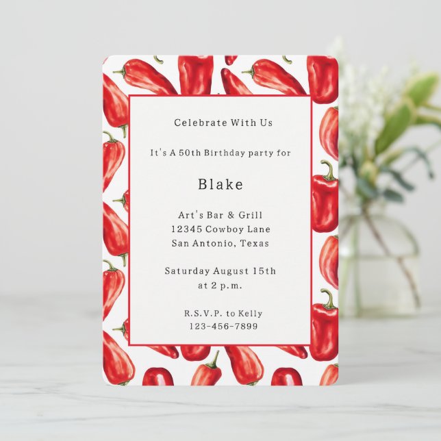 Hot Red & Saucy Chilli Peppers Birthday Invitation (Standing Front)