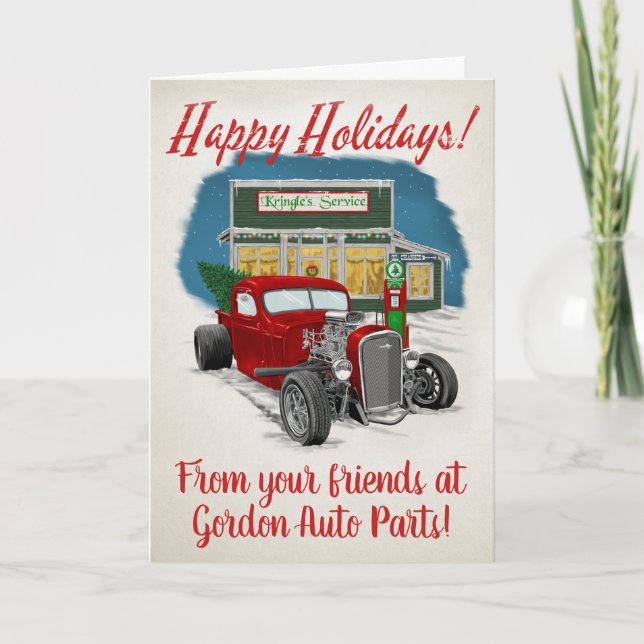 Hot Rod, Red Truck, Retro Christmas Card (Front)