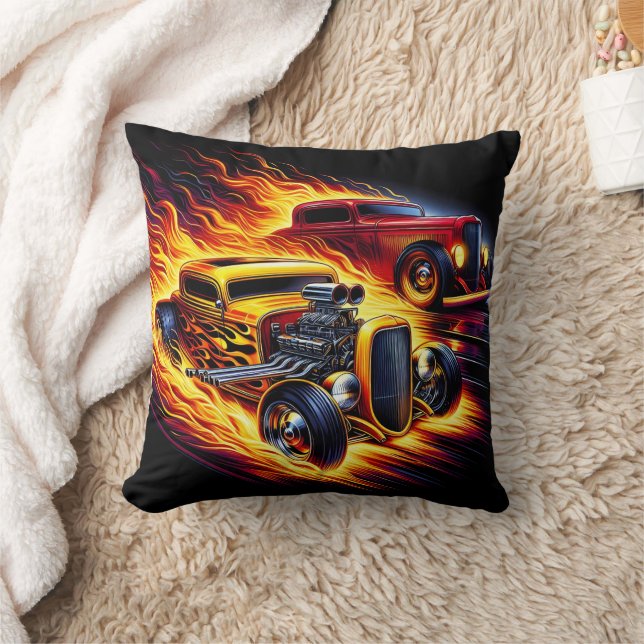 Hot rods racing through a fiery night landscape cushion (Blanket)