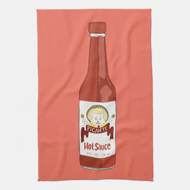 HOT SAUCE cat with maracas and sombrero red Tea Towel (Vertical)