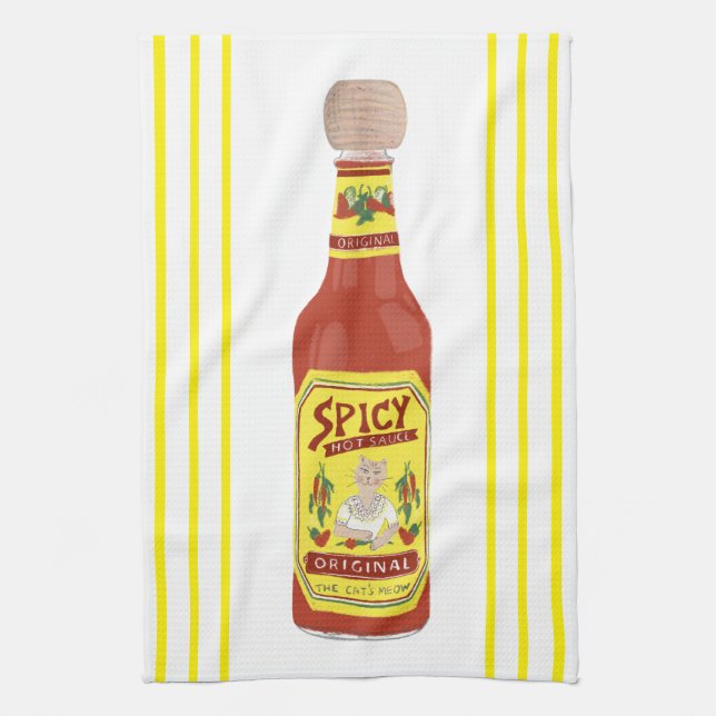 HOT SAUCE Spicy Cat Yellow stripe Tea Towel (Vertical)