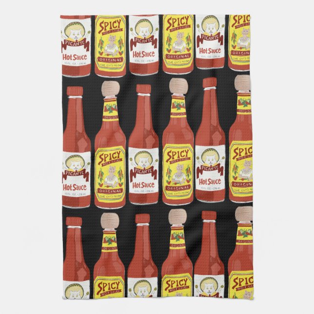 HOT SAUCES Spicy Cat Picante Black Tea Towel (Vertical)