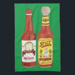 HOT SAUCES Spicy Cat Picante Green Tea Towel<br><div class="desc">Decorate your kitchen with this fun hot sauce towel. Makes a great housewarming or anniversary gift! 
You can customise it and add text too.
Check my shop for lots more colours and patterns plus matching kitchen stuff!</div>
