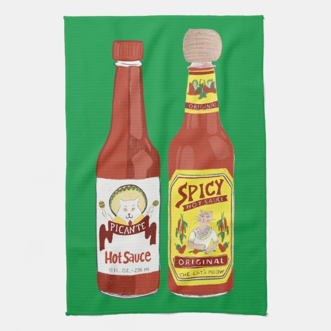 HOT SAUCES Spicy Cat Picante Green Tea Towel (Vertical)