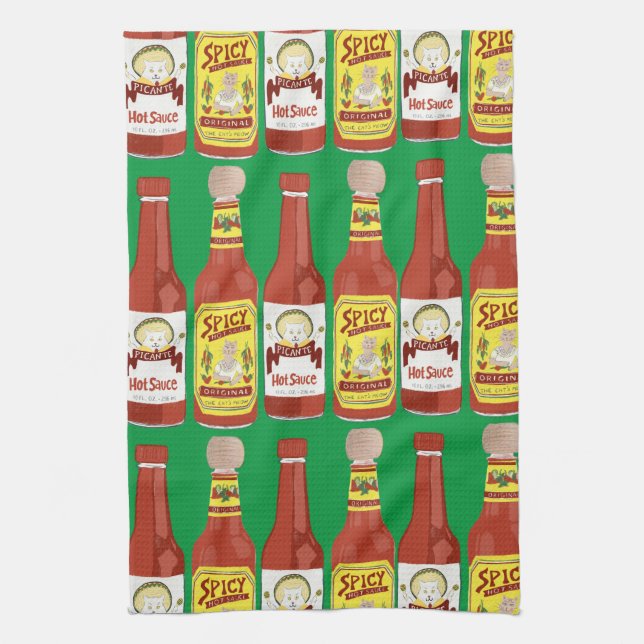 HOT SAUCES Spicy Cat Picante Green Tea Towel (Vertical)