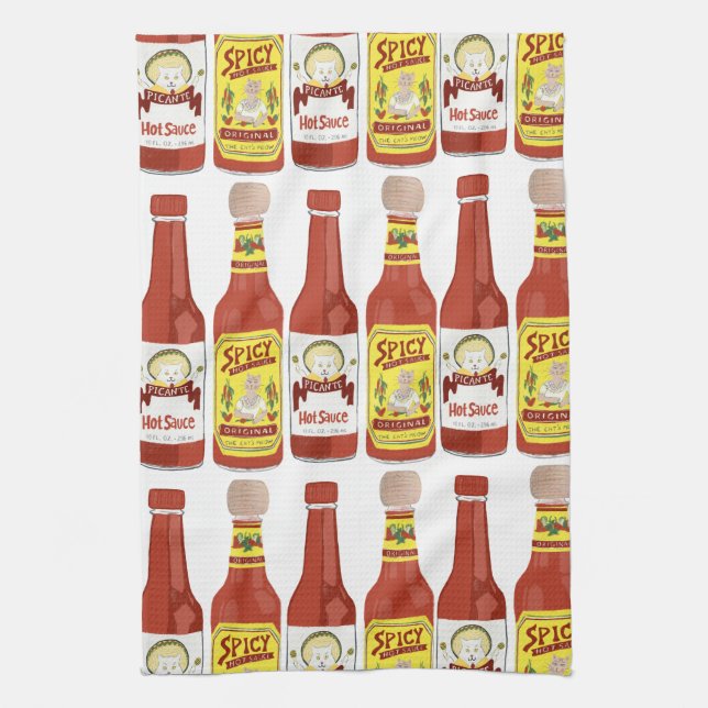 HOT SAUCES Spicy Cat Picante White Tea Towel (Vertical)