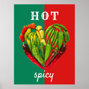 Hot spicy red green chilli peppers heart  poster
