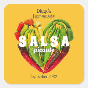 Hot spicy red green yellow chilli peppers heart square sticker