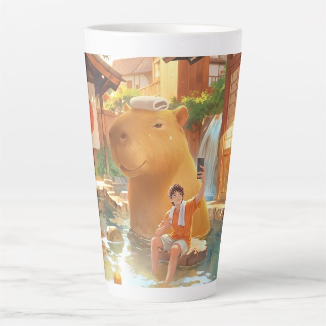 Hot Spring Moment: Giant Capybara Selfie Art Latte Mug (Front)