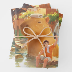 Hot Spring Moment: Giant Capybara Selfie Art Wrapping Paper Sheet