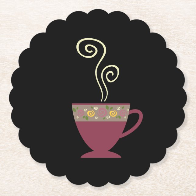 Hot steaming cup of tea/coffee in black paper coaster (Front)