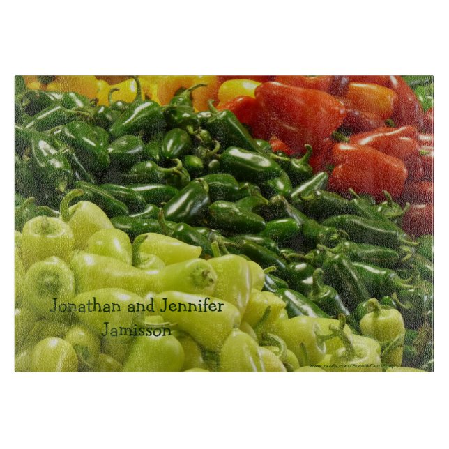 Hot Stuff Peppers Personalised Name Glass Cutting Board (Front)