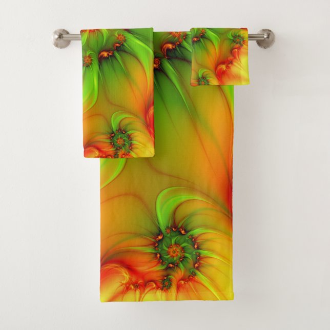 Hot Summer Green Orange Abstract Colourful Fractal Bath Towel Set (Insitu)