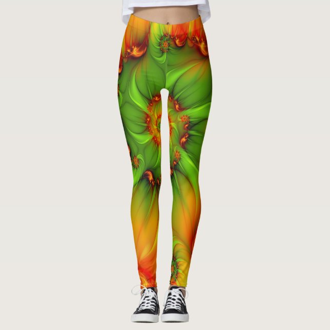Hot Summer Green Orange Abstract Colourful Fractal Leggings (Front)