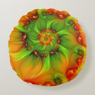 Hot Summer Green Orange Abstract Colourful Fractal Round Cushion