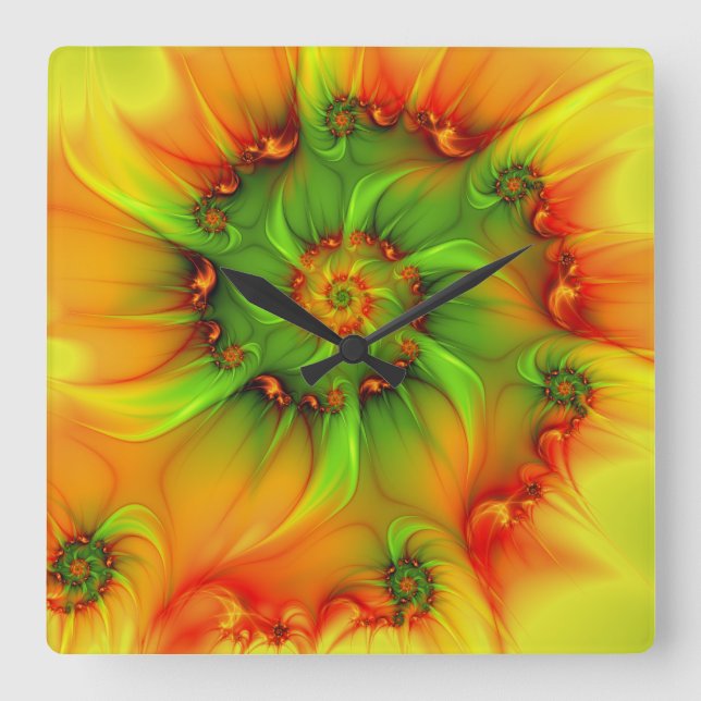 Hot Summer Green Orange Abstract Colourful Fractal Square Wall Clock (Front)