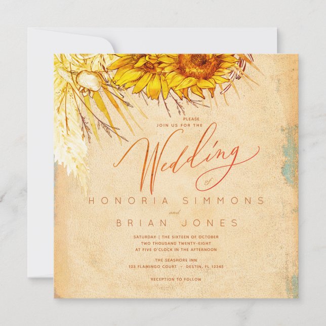 Hot Sunset Sunflower Square Wedding Invitation (Front)