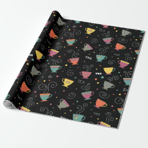 Hot tea cups, colour retro porcelain mugs wrapping paper
