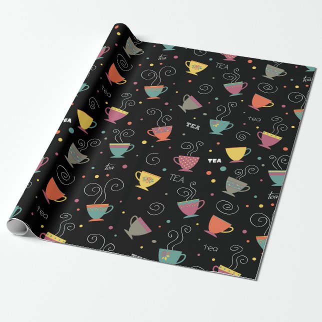 Hot tea cups, colour retro porcelain mugs wrapping paper (Unrolled)