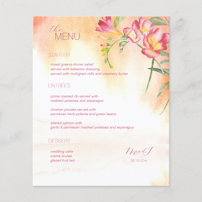 Hot Tropical Freesia Watercolor Menu (Front)