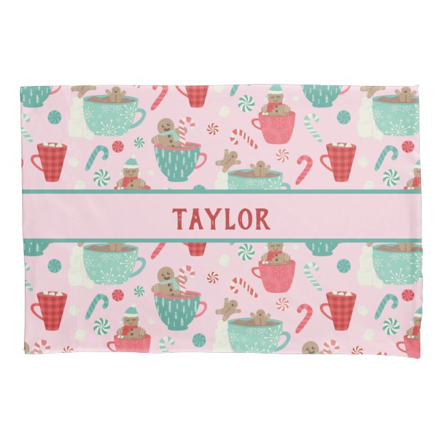 Hot Tub Gingerbread Cute Pink Hot Cocoa Pattern Pillowcase (Front)