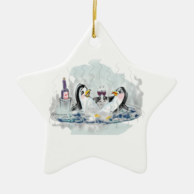 Hot Tub Penguins Ceramic Tree Decoration (Front)